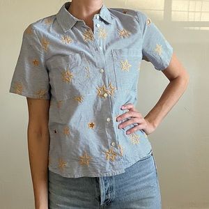Madewell cropped Button down with blue stripes and Yellow Stars